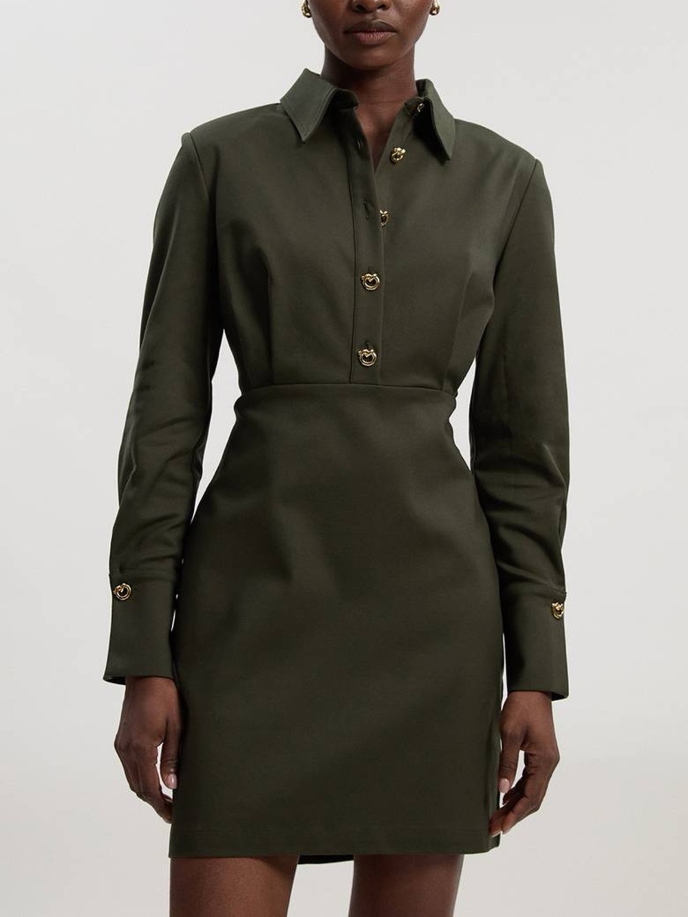 New Karen Millen Techno Cotton Woven Mini Shirt Dress Size 6 Petite Olive Green